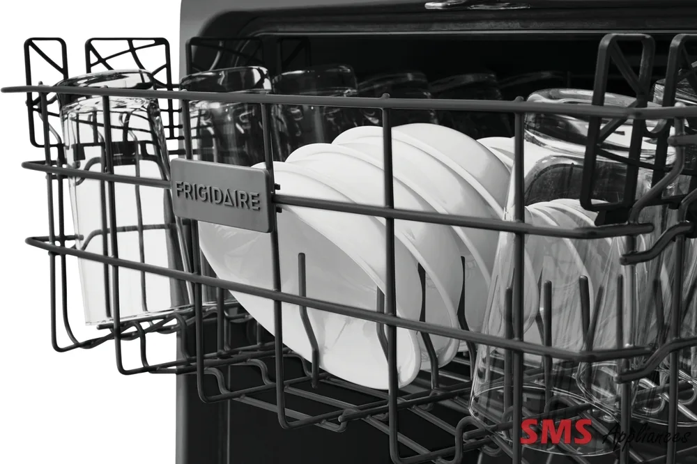 "Image of a Frigidaire 24" Built-In Dishwasher, a modern kitchen appliance designed for efficient dishwashing. The dishwasher features sleek design with a stainless steel finish, electronic controls, and multiple wash cycles for thorough cleaning. Its compact size makes it ideal for smaller kitchens while offering ample capacity for dishes and utensils. The Frigidaire logo is visible on the front panel."