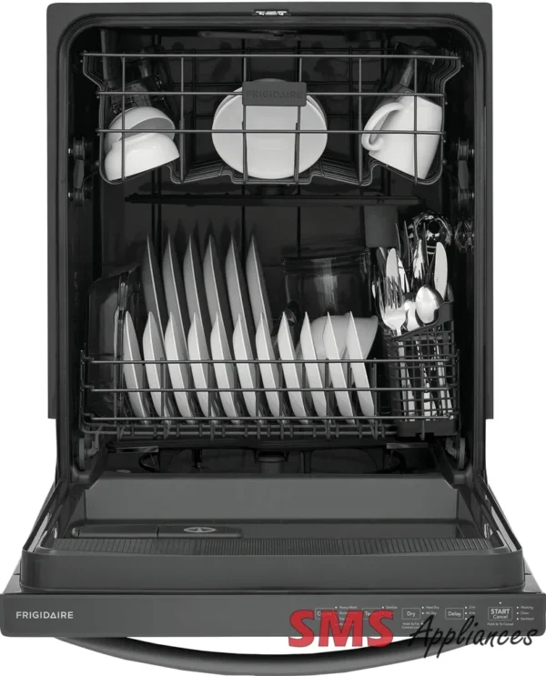 "Image of a Frigidaire 24" Built-In Dishwasher, a modern kitchen appliance designed for efficient dishwashing. The dishwasher features sleek design with a stainless steel finish, electronic controls, and multiple wash cycles for thorough cleaning. Its compact size makes it ideal for smaller kitchens while offering ample capacity for dishes and utensils. The Frigidaire logo is visible on the front panel."