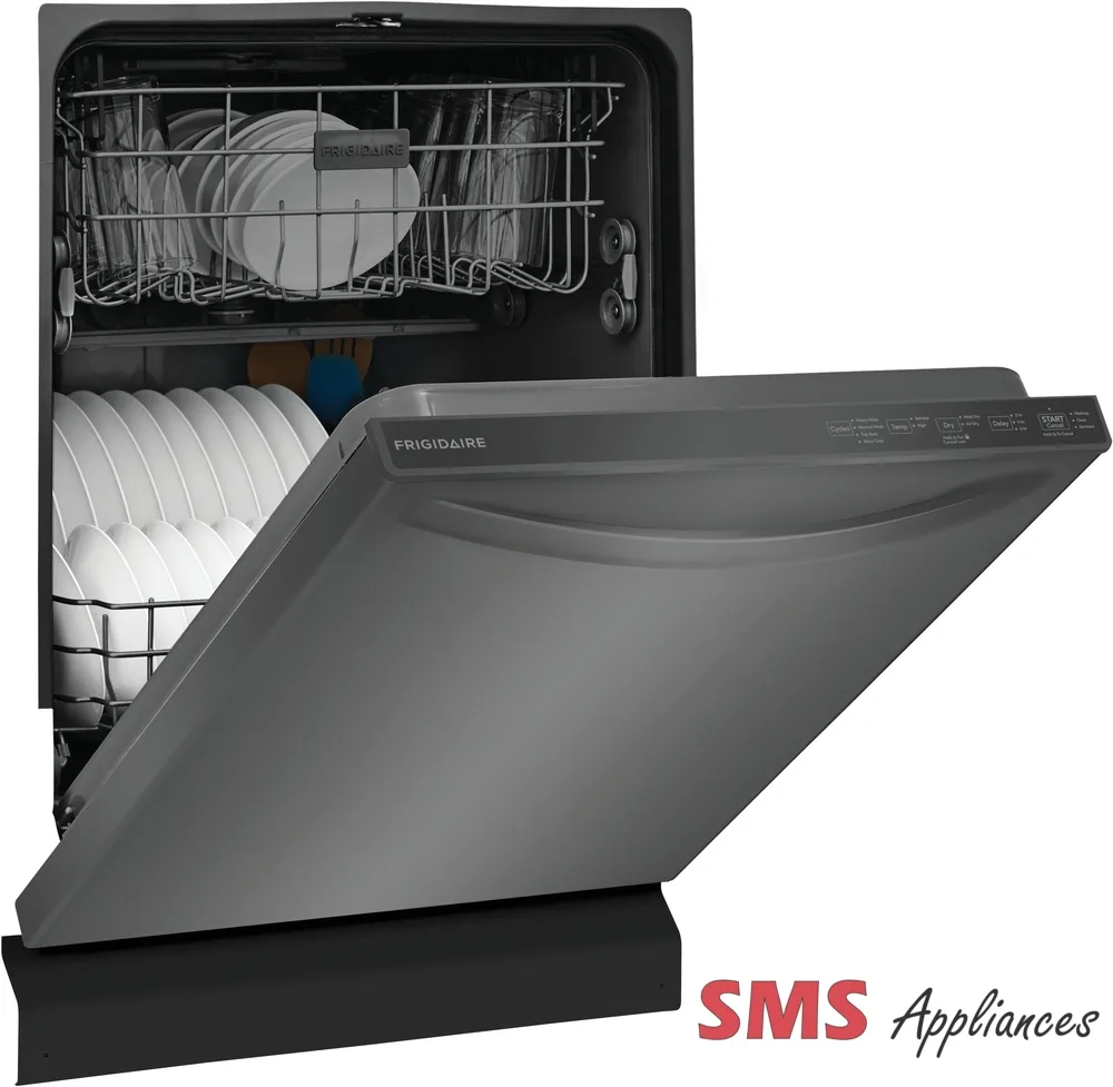 "Image of a Frigidaire 24" Built-In Dishwasher, a modern kitchen appliance designed for efficient dishwashing. The dishwasher features sleek design with a stainless steel finish, electronic controls, and multiple wash cycles for thorough cleaning. Its compact size makes it ideal for smaller kitchens while offering ample capacity for dishes and utensils. The Frigidaire logo is visible on the front panel."