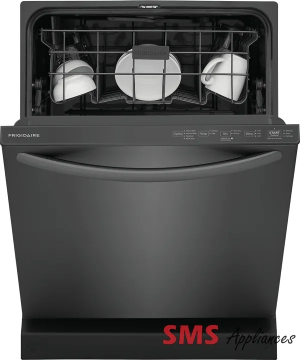 "Image of a Frigidaire 24" Built-In Dishwasher, a modern kitchen appliance designed for efficient dishwashing. The dishwasher features sleek design with a stainless steel finish, electronic controls, and multiple wash cycles for thorough cleaning. Its compact size makes it ideal for smaller kitchens while offering ample capacity for dishes and utensils. The Frigidaire logo is visible on the front panel."