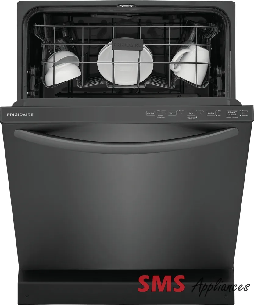 "Image of a Frigidaire 24" Built-In Dishwasher, a modern kitchen appliance designed for efficient dishwashing. The dishwasher features sleek design with a stainless steel finish, electronic controls, and multiple wash cycles for thorough cleaning. Its compact size makes it ideal for smaller kitchens while offering ample capacity for dishes and utensils. The Frigidaire logo is visible on the front panel."