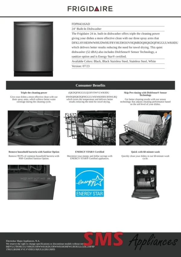 "Image of a Frigidaire 24" Built-In Dishwasher, a modern kitchen appliance designed for efficient dishwashing. The dishwasher features sleek design with a stainless steel finish, electronic controls, and multiple wash cycles for thorough cleaning. Its compact size makes it ideal for smaller kitchens while offering ample capacity for dishes and utensils. The Frigidaire logo is visible on the front panel."