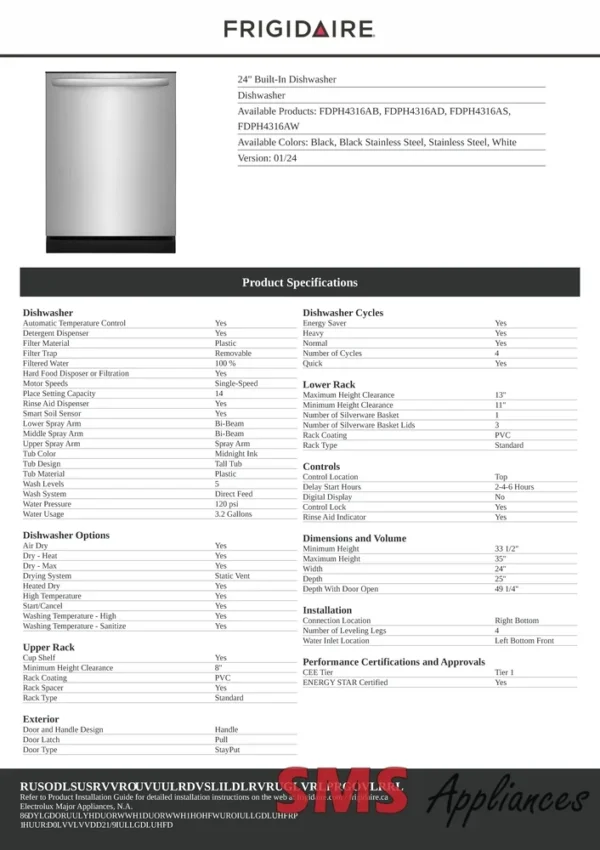 "Image of a Frigidaire 24" Built-In Dishwasher, a modern kitchen appliance designed for efficient dishwashing. The dishwasher features sleek design with a stainless steel finish, electronic controls, and multiple wash cycles for thorough cleaning. Its compact size makes it ideal for smaller kitchens while offering ample capacity for dishes and utensils. The Frigidaire logo is visible on the front panel."