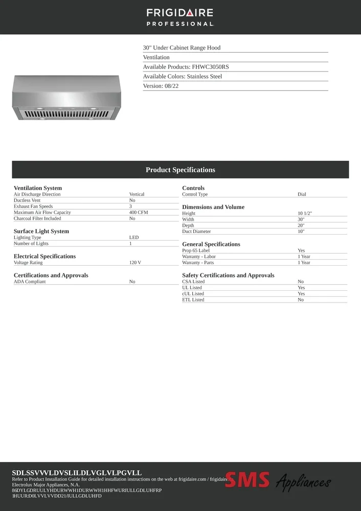 The Frigidaire 30-inch under cabinet range hood FHWC3050RS, showcasing its sleek stainless steel design and efficient ventilation system