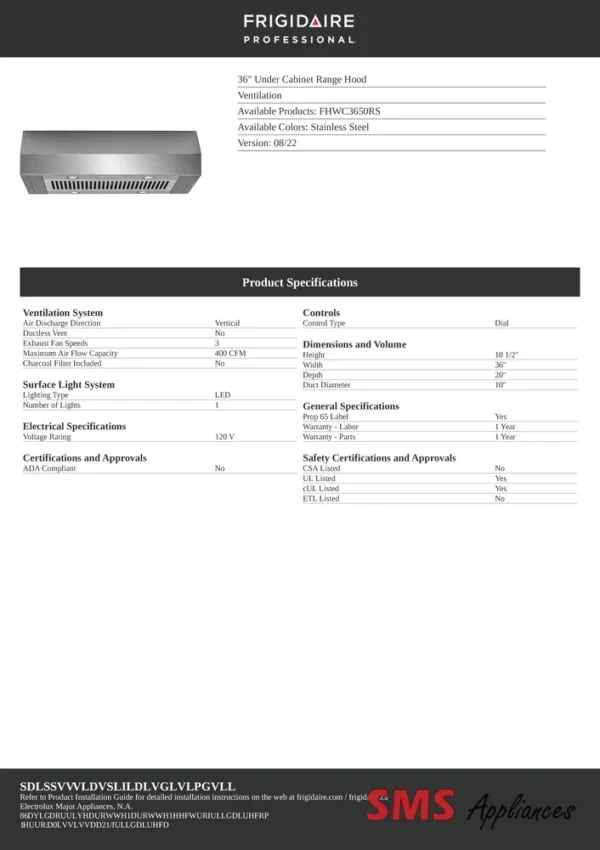 Frigidaire Professional Under Cabinet Range Hood - FHWC3650RS, showcasing a modern stainless steel design for efficient kitchen ventilation.