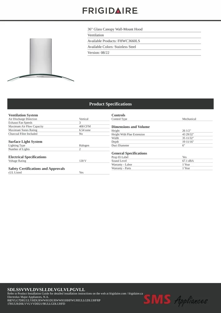 Frigidaire Glass Canopy Wall-Mount Hood – FHWC3660LS in kitchen setting.