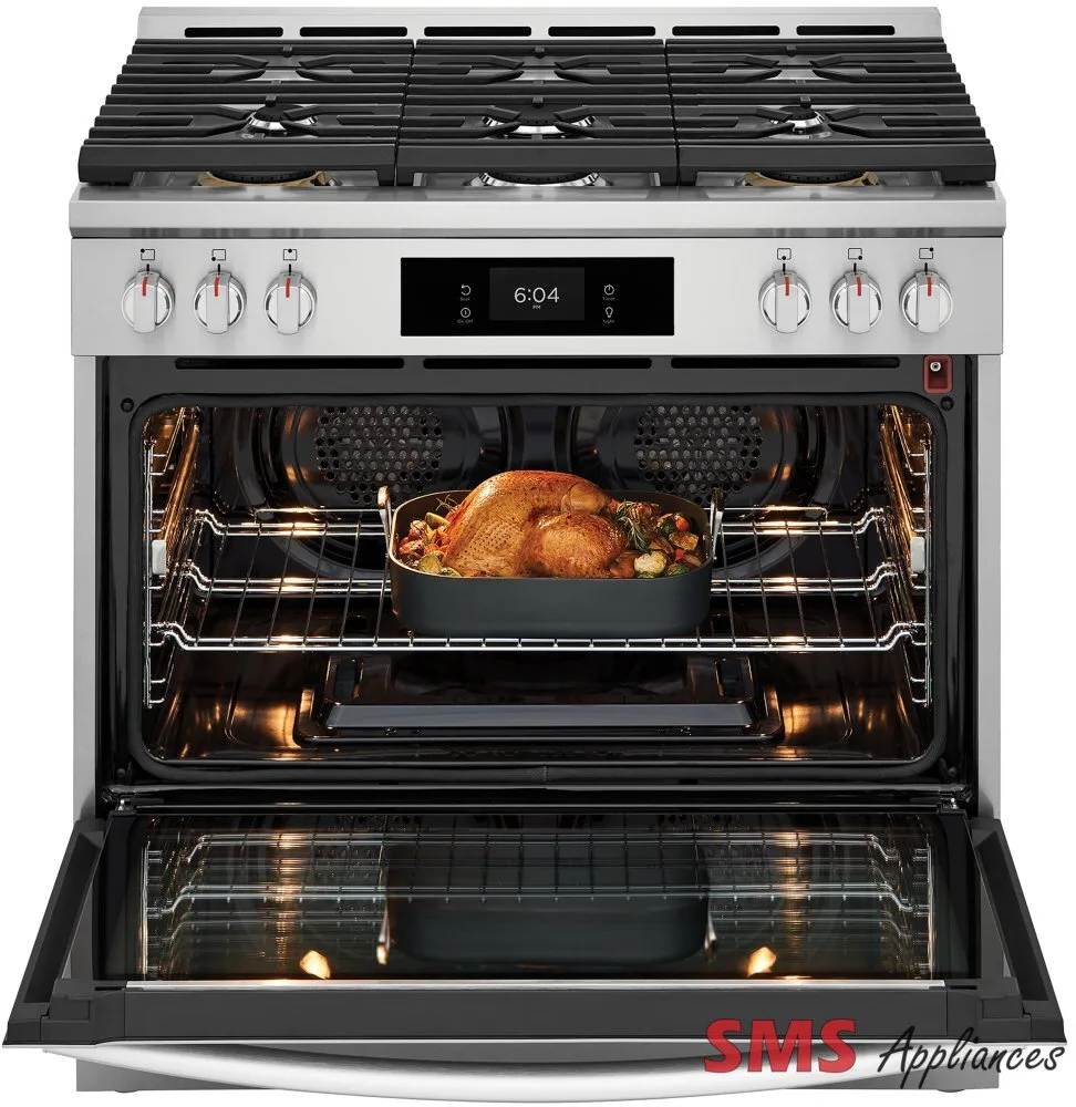 Frigidaire Gallery Gas Range GCFG3661AF with Air Fry feature for healthy cooking, showcasing sleek design and modern controls