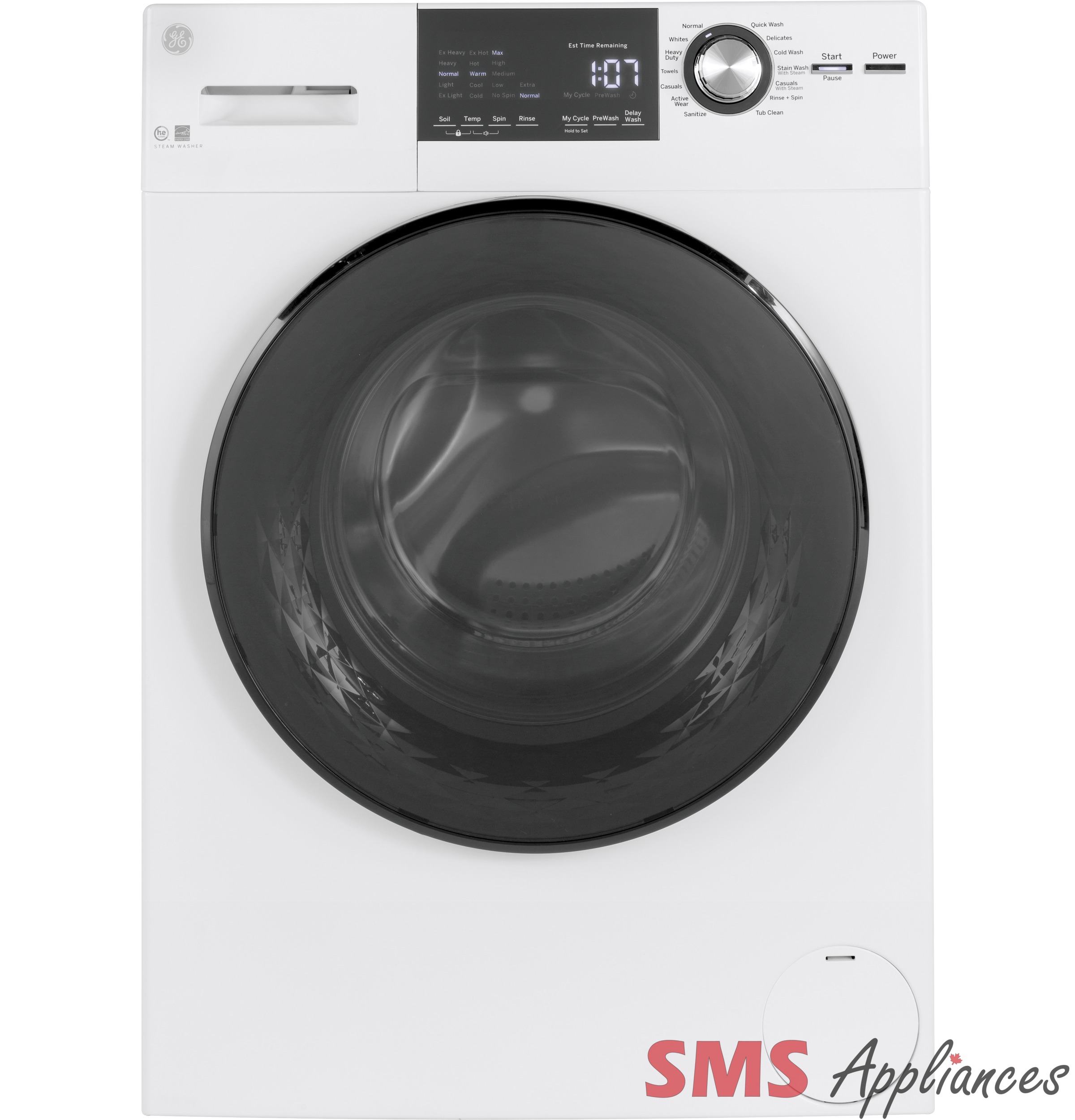 GE® 2.8 IEC Cu. Ft. Front Load Washer with Steam – GFW148SSMWW